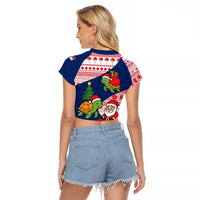 Panama Christmas Raglan Cropped T Shirt with Santa Claus Sea Turtles Holiday Tree and Red Blue Pattern Design - Wonder Print Shop