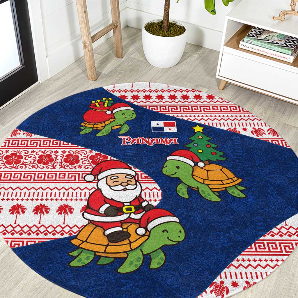 Panama Christmas Round Carpet with Santa Claus Sea Turtles Holiday Tree and Red Blue Pattern Design - Wonder Print Shop