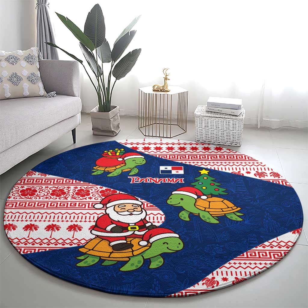 Panama Christmas Round Carpet with Santa Claus Sea Turtles Holiday Tree and Red Blue Pattern Design - Wonder Print Shop