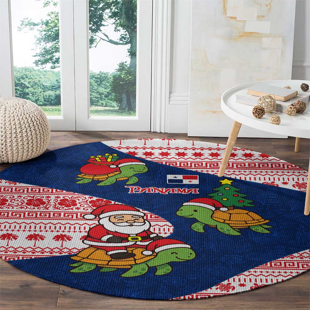 Panama Christmas Round Carpet with Santa Claus Sea Turtles Holiday Tree and Red Blue Pattern Design - Wonder Print Shop