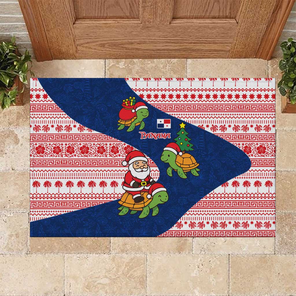 Panama Christmas Rubber Doormat with Santa Claus Sea Turtles Holiday Tree and Red Blue Pattern Design - Wonder Print Shop