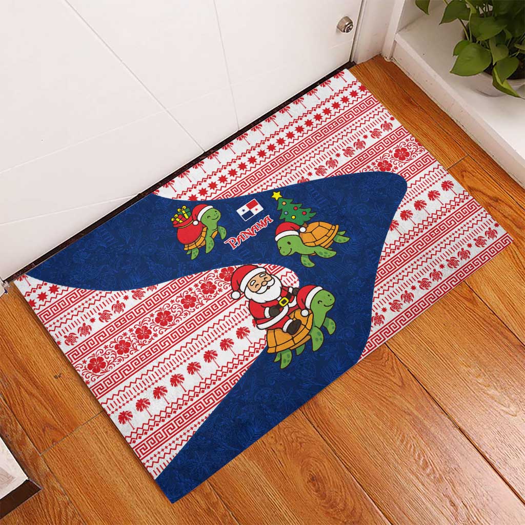 Panama Christmas Rubber Doormat with Santa Claus Sea Turtles Holiday Tree and Red Blue Pattern Design - Wonder Print Shop
