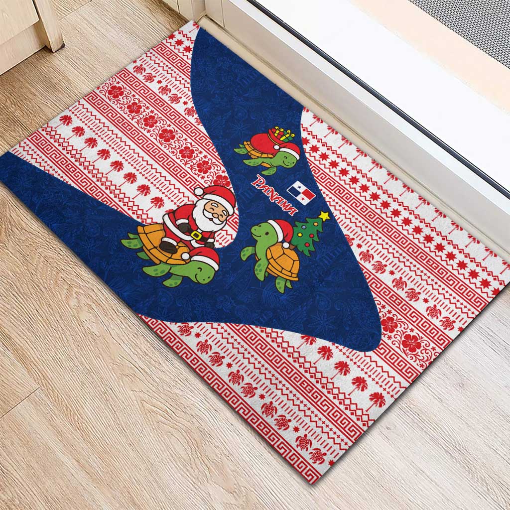 Panama Christmas Rubber Doormat with Santa Claus Sea Turtles Holiday Tree and Red Blue Pattern Design - Wonder Print Shop