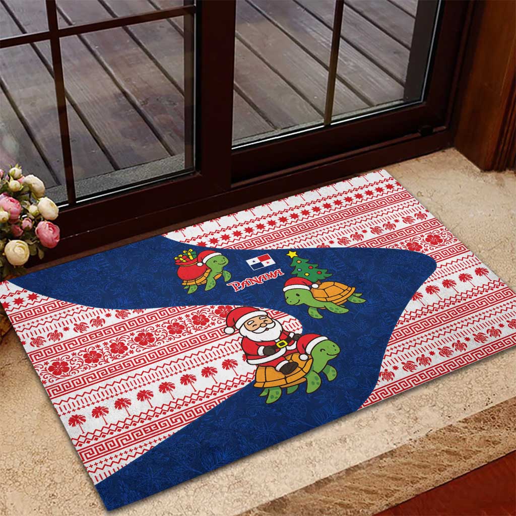 Panama Christmas Rubber Doormat with Santa Claus Sea Turtles Holiday Tree and Red Blue Pattern Design - Wonder Print Shop