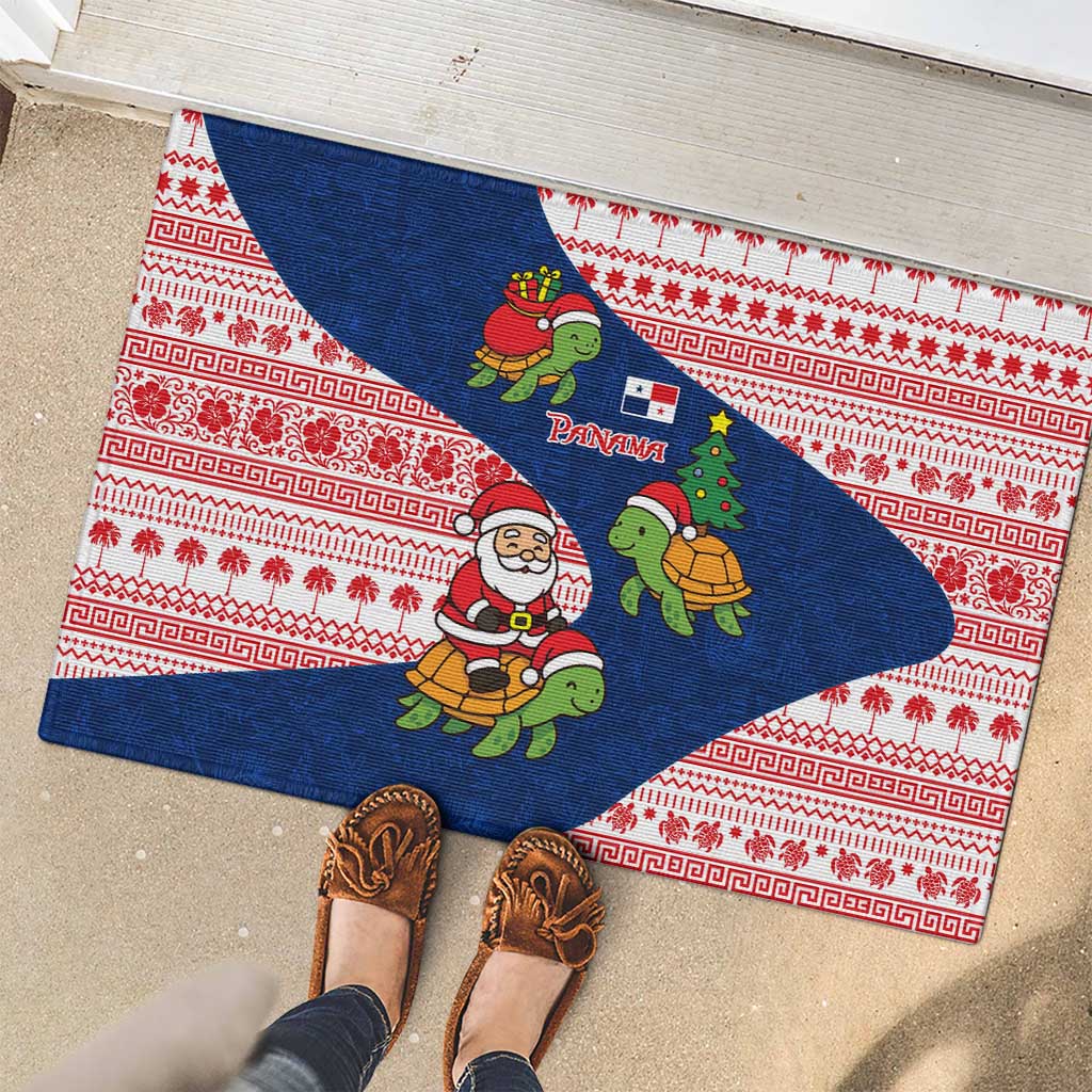 Panama Christmas Rubber Doormat with Santa Claus Sea Turtles Holiday Tree and Red Blue Pattern Design - Wonder Print Shop