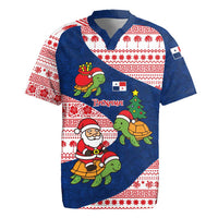 Panama Christmas Rugby Jersey with Santa Claus Sea Turtles Holiday Tree and Red Blue Pattern Design - Wonder Print Shop