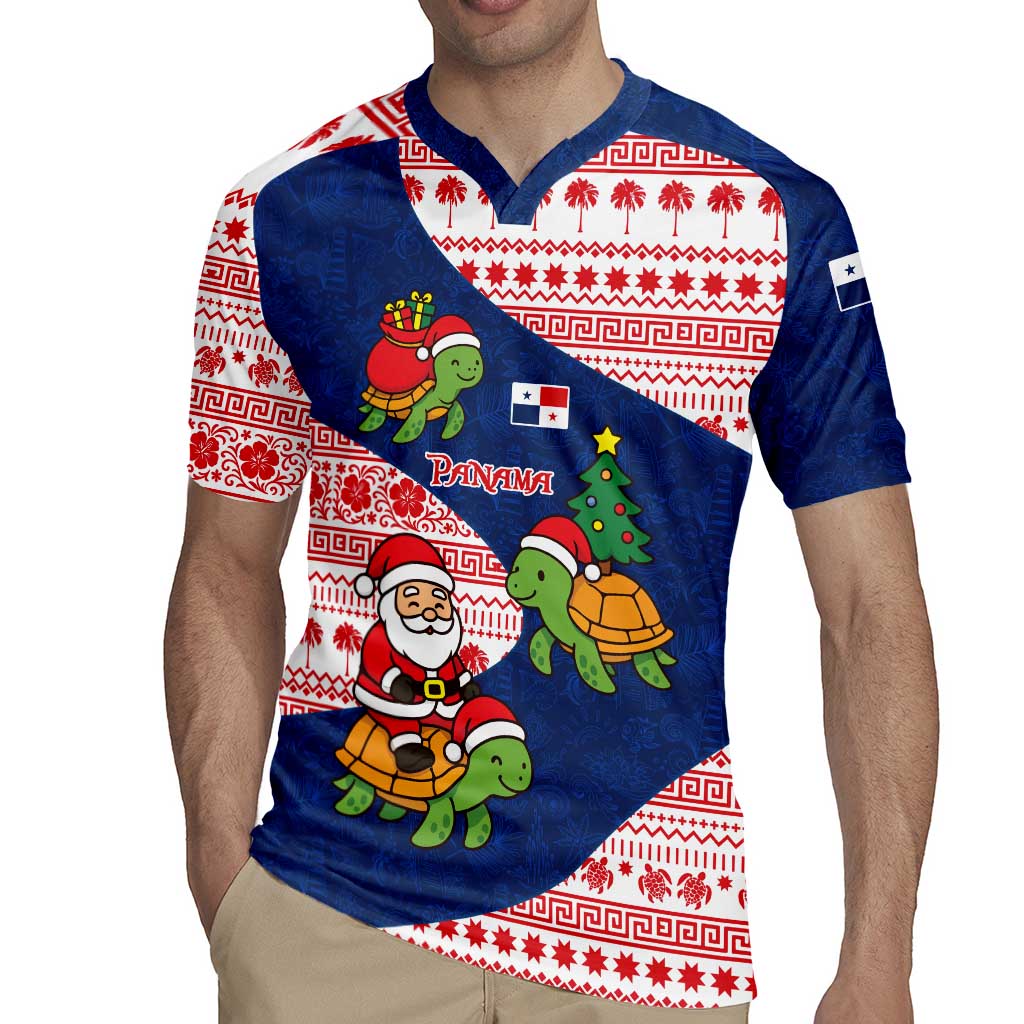 Panama Christmas Rugby Jersey with Santa Claus Sea Turtles Holiday Tree and Red Blue Pattern Design - Wonder Print Shop