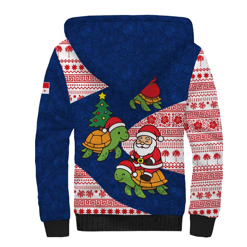 Panama Christmas Sherpa Hoodie with Santa Claus Sea Turtles Holiday Tree and Red Blue Pattern Design - Wonder Print Shop
