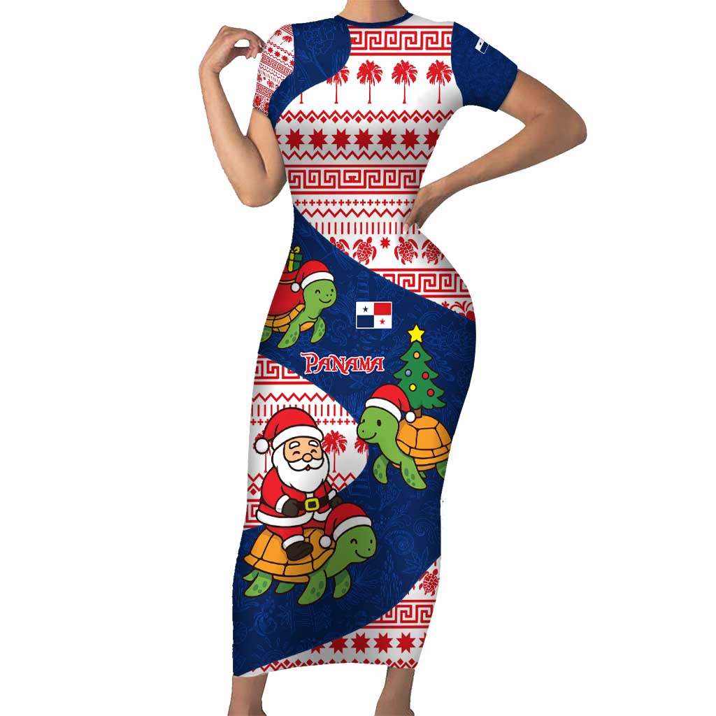 Panama Christmas Short Sleeve Bodycon Dress with Santa Claus Sea Turtles Holiday Tree and Red Blue Pattern Design - Wonder Print Shop