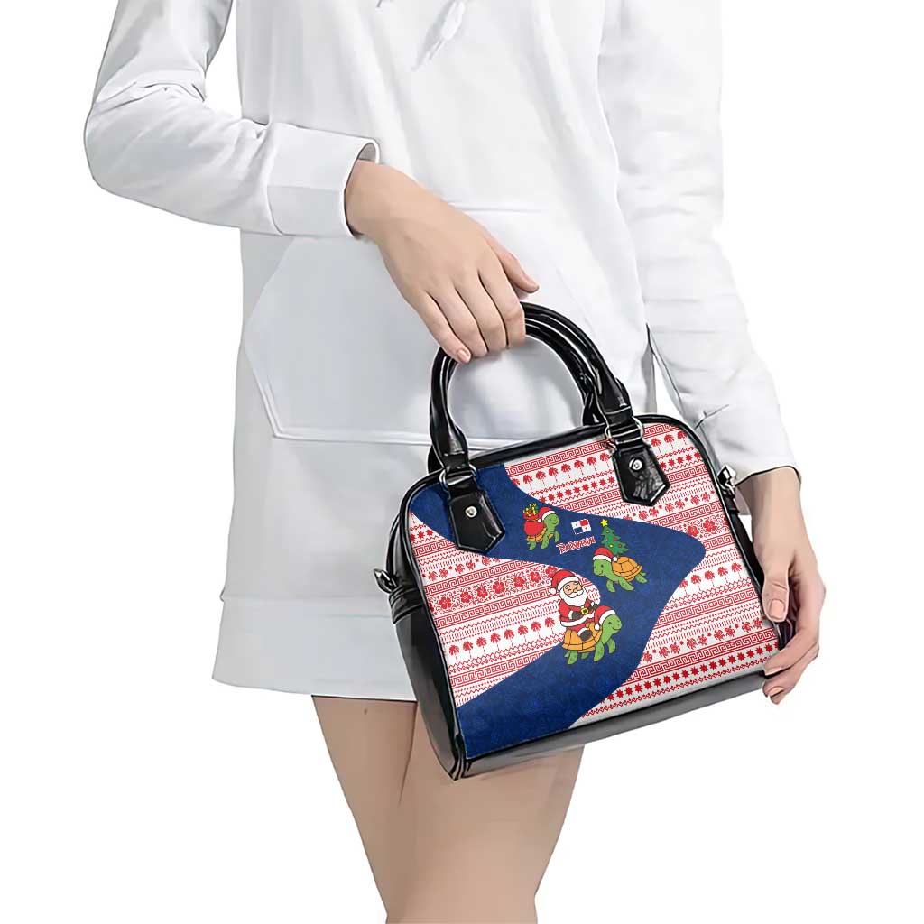Panama Christmas Shoulder Handbag with Santa Claus Sea Turtles Holiday Tree and Red Blue Pattern Design - Wonder Print Shop