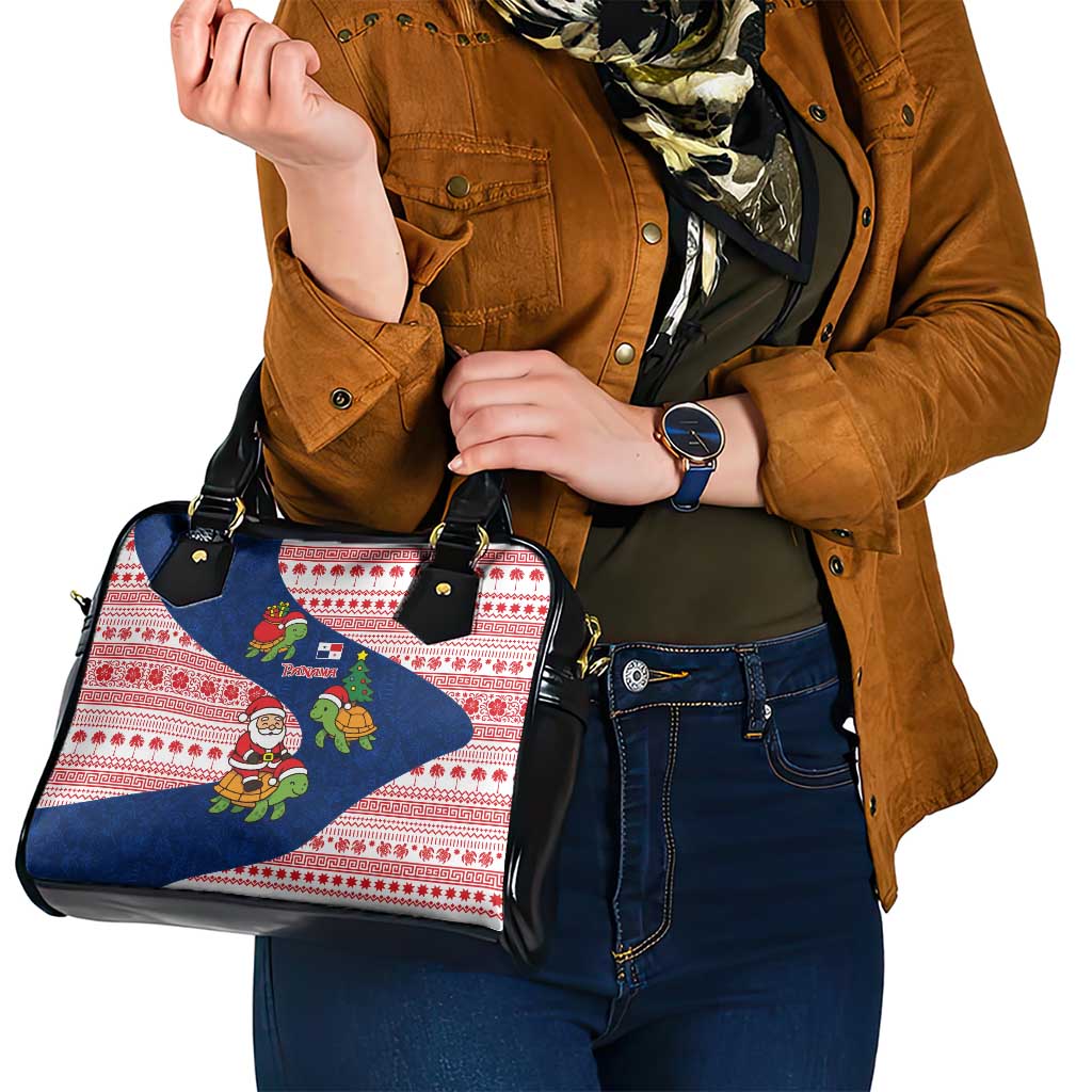 Panama Christmas Shoulder Handbag with Santa Claus Sea Turtles Holiday Tree and Red Blue Pattern Design - Wonder Print Shop