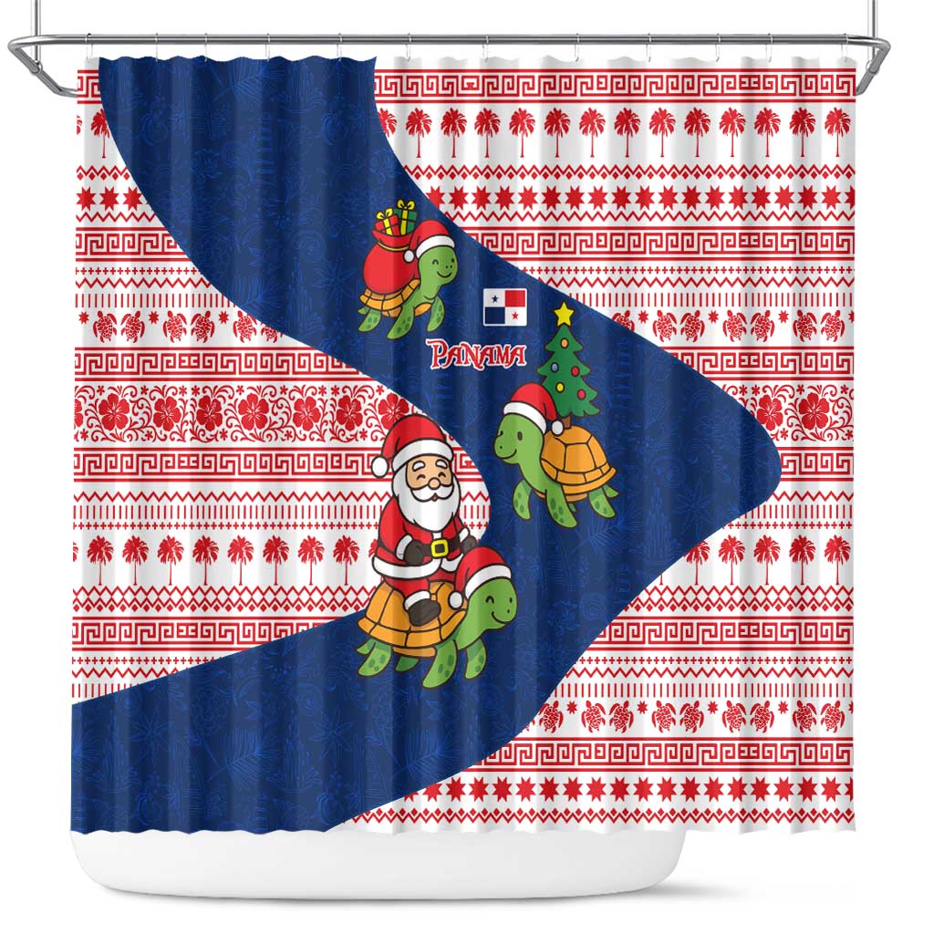 Panama Christmas Shower Curtain with Santa Claus Sea Turtles Holiday Tree and Red Blue Pattern Design - Wonder Print Shop