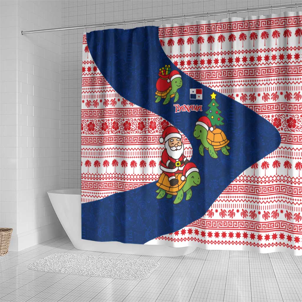 Panama Christmas Shower Curtain with Santa Claus Sea Turtles Holiday Tree and Red Blue Pattern Design - Wonder Print Shop