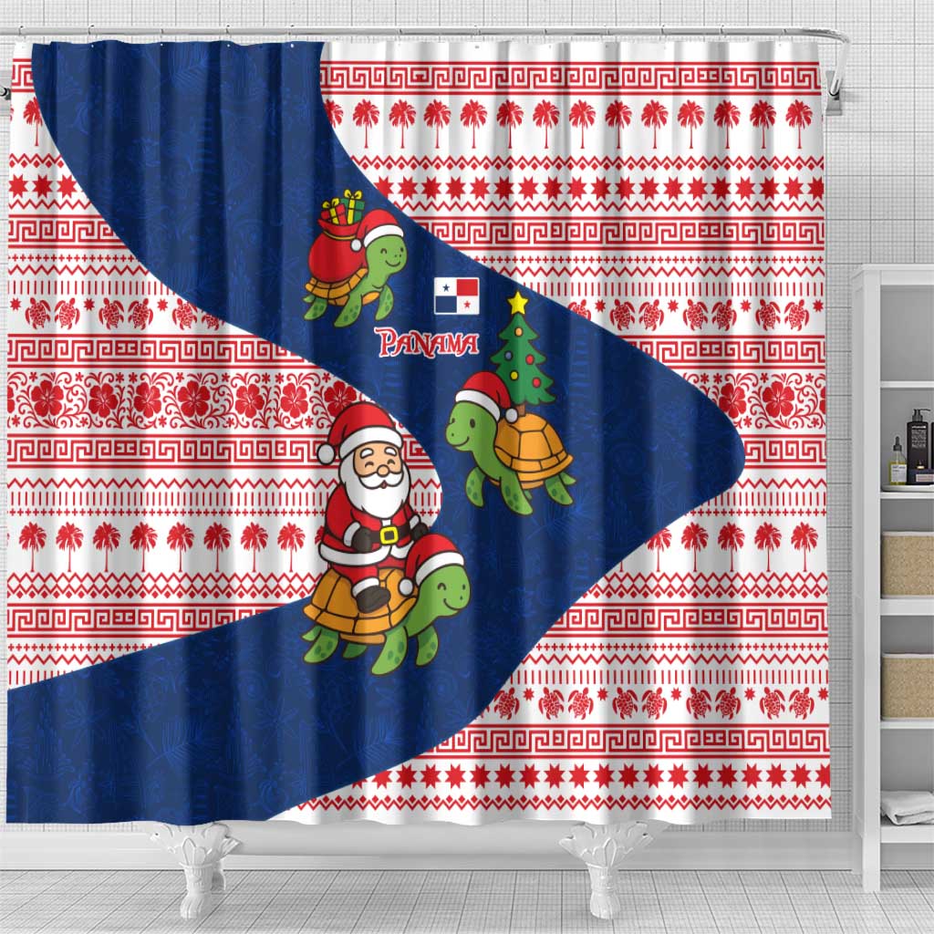 Panama Christmas Shower Curtain with Santa Claus Sea Turtles Holiday Tree and Red Blue Pattern Design - Wonder Print Shop