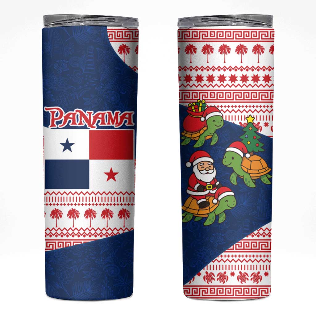 Panama Christmas Skinny Tumbler with Santa Claus Sea Turtles Holiday Tree and Red Blue Pattern Design - Wonder Print Shop
