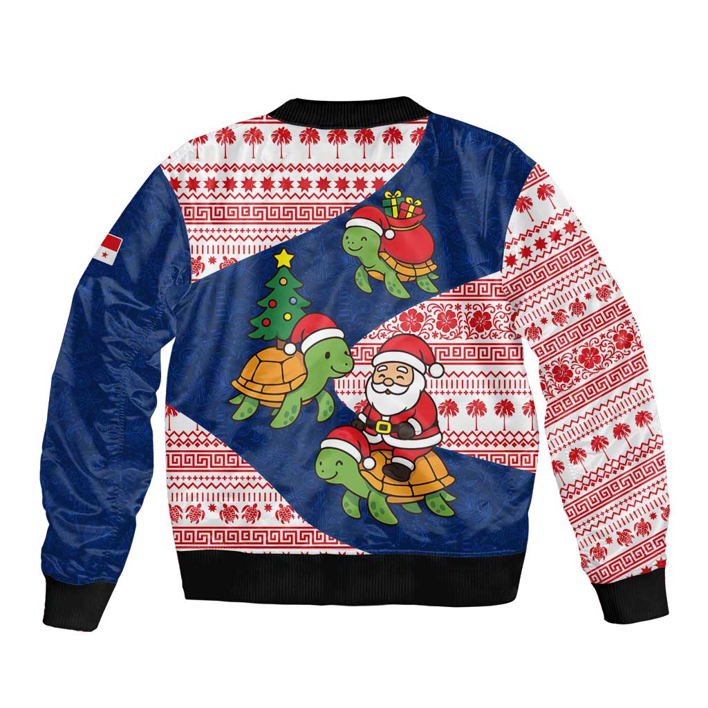 Panama Christmas Sleeve Zip Bomber Jacket with Santa Claus Sea Turtles Holiday Tree and Red Blue Pattern Design - Wonder Print Shop