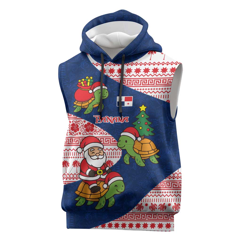 Panama Christmas Sleeveless Hoodie with Santa Claus Sea Turtles Holiday Tree and Red Blue Pattern Design - Wonder Print Shop
