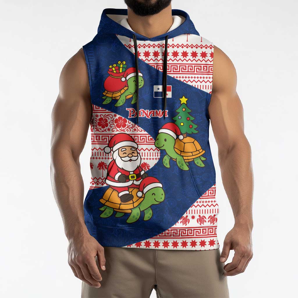 Panama Christmas Sleeveless Hoodie with Santa Claus Sea Turtles Holiday Tree and Red Blue Pattern Design - Wonder Print Shop