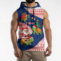 Panama Christmas Sleeveless Hoodie with Santa Claus Sea Turtles Holiday Tree and Red Blue Pattern Design - Wonder Print Shop