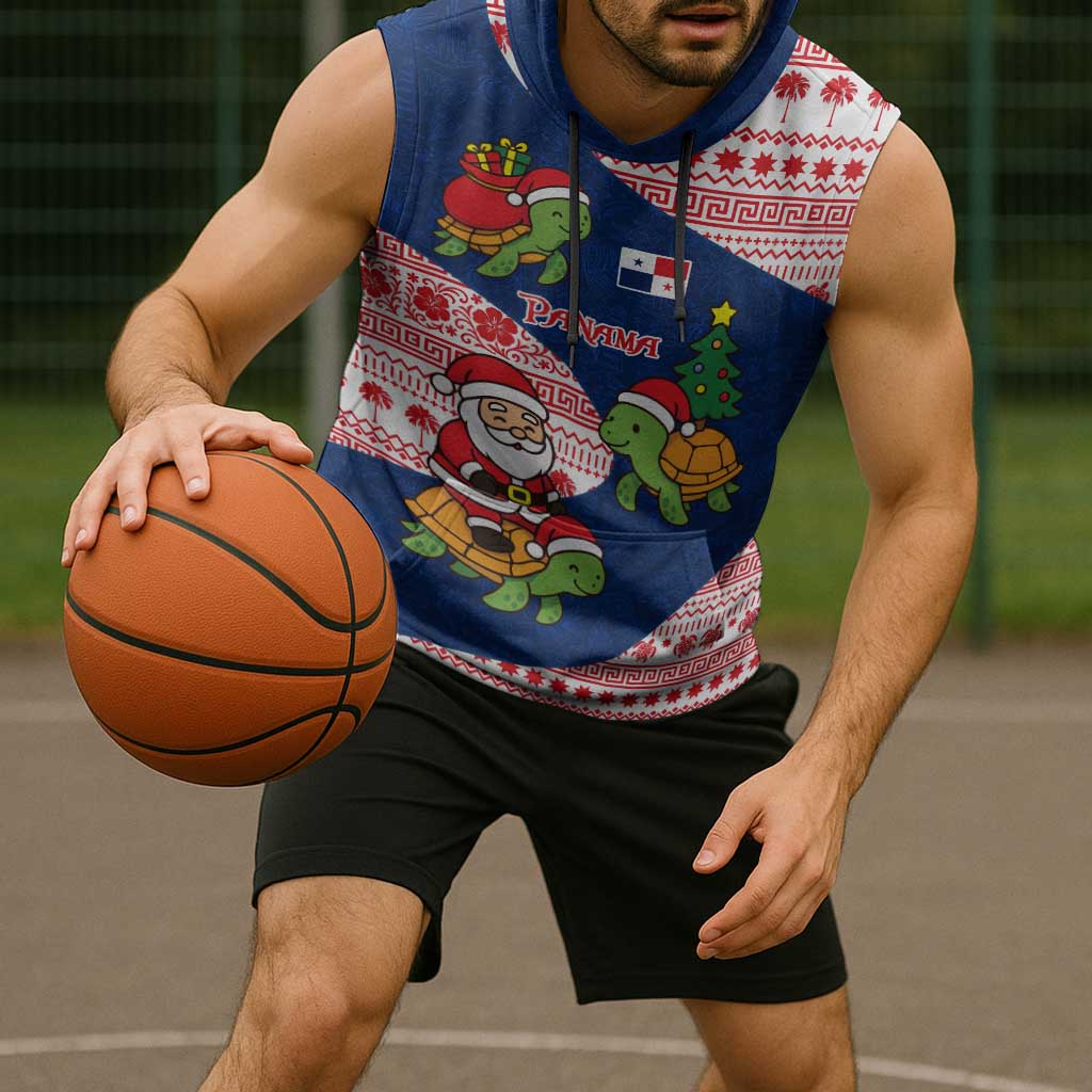 Panama Christmas Sleeveless Hoodie with Santa Claus Sea Turtles Holiday Tree and Red Blue Pattern Design - Wonder Print Shop