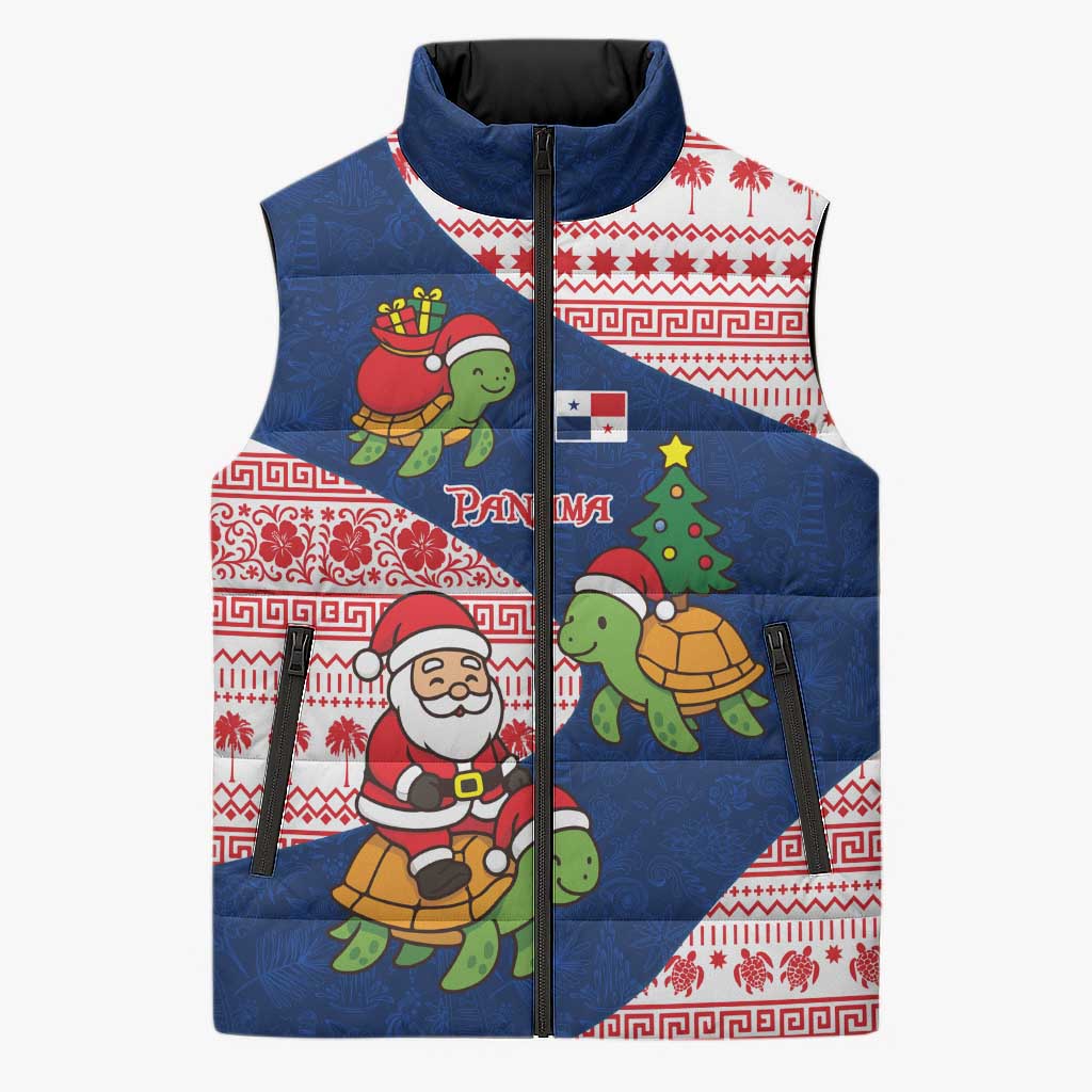 Panama Christmas Sleeveless Puffer Jacket with Santa Claus Sea Turtles Holiday Tree and Red Blue Pattern Design - Wonder Print Shop