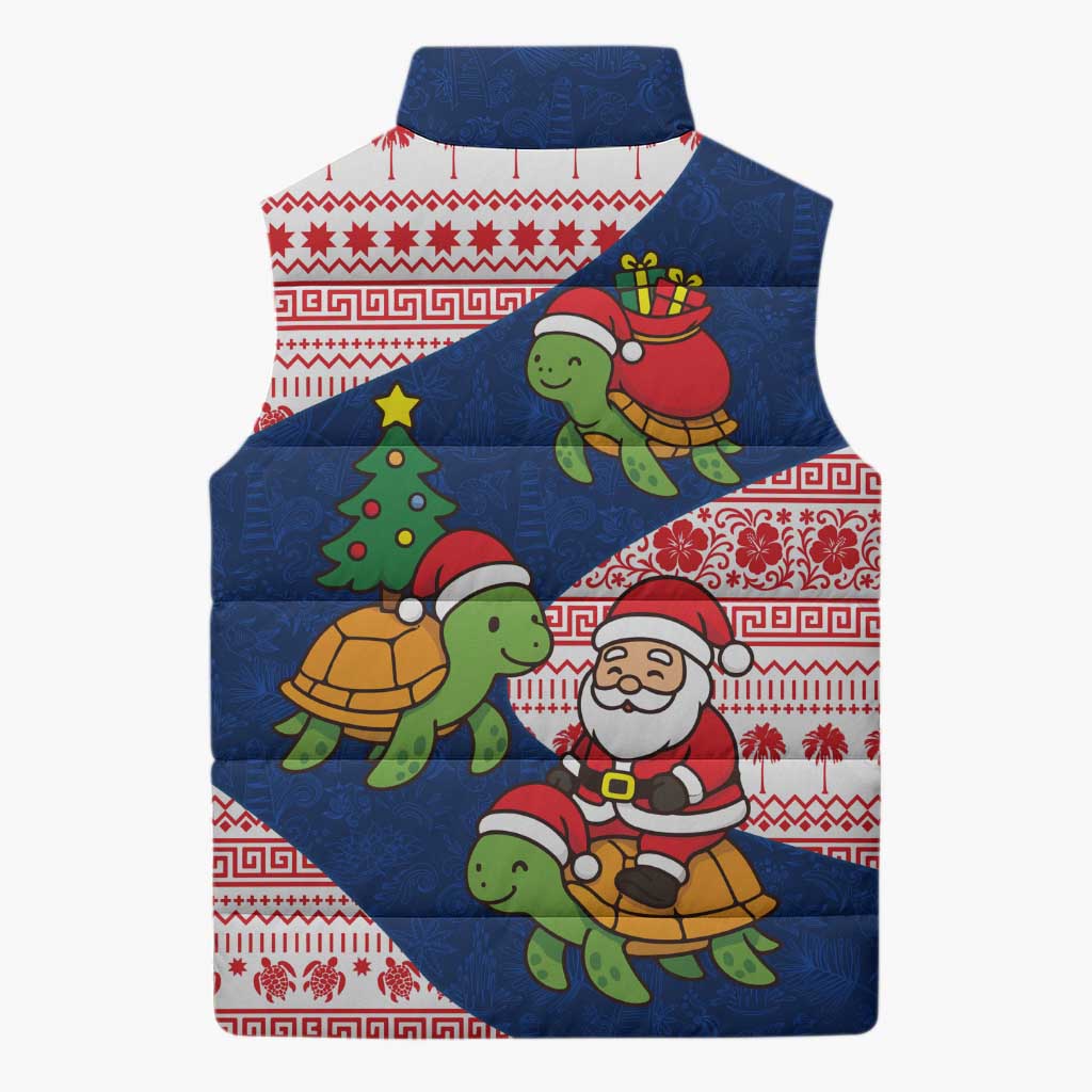 Panama Christmas Sleeveless Puffer Jacket with Santa Claus Sea Turtles Holiday Tree and Red Blue Pattern Design - Wonder Print Shop