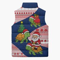 Panama Christmas Sleeveless Puffer Jacket with Santa Claus Sea Turtles Holiday Tree and Red Blue Pattern Design - Wonder Print Shop