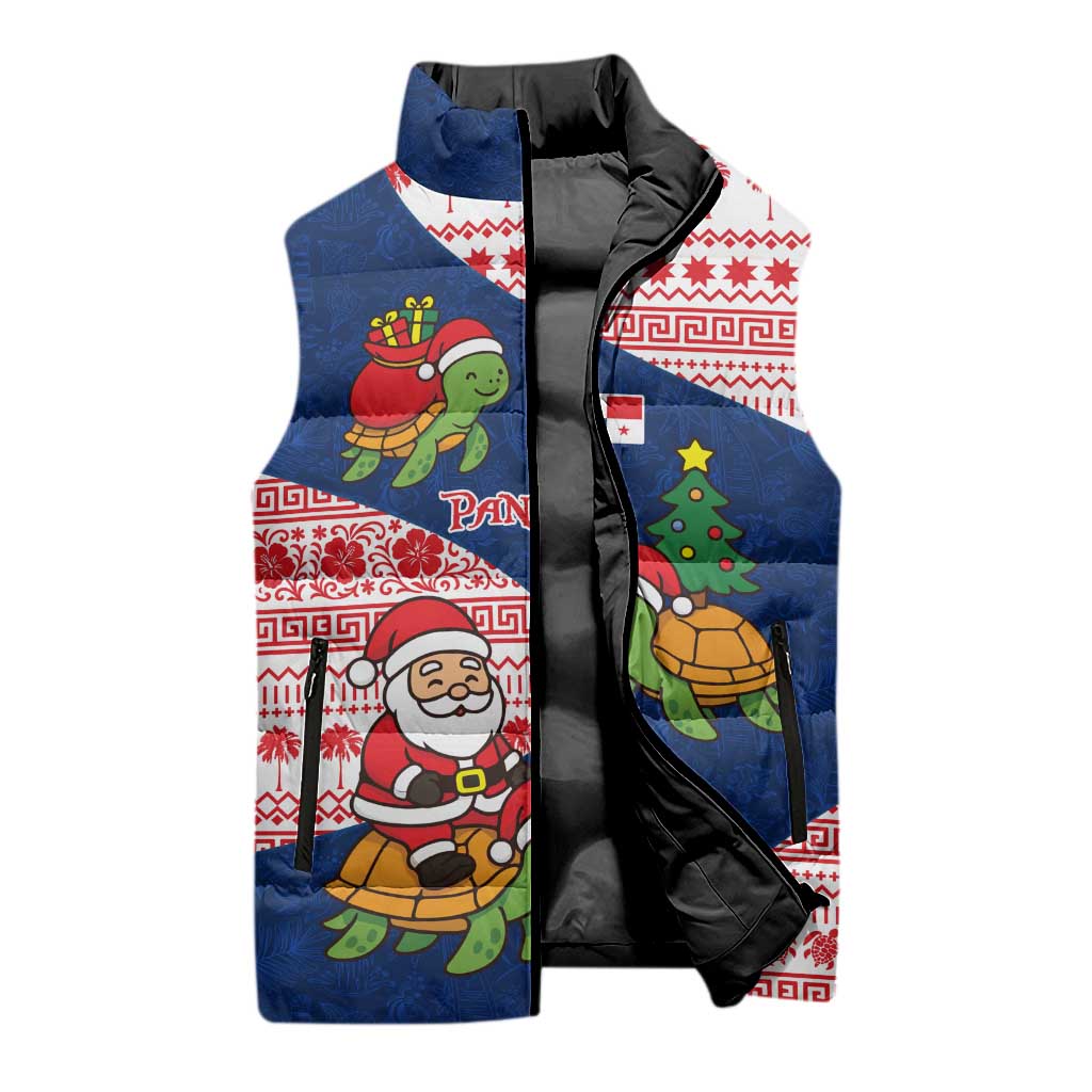 Panama Christmas Sleeveless Puffer Jacket with Santa Claus Sea Turtles Holiday Tree and Red Blue Pattern Design - Wonder Print Shop