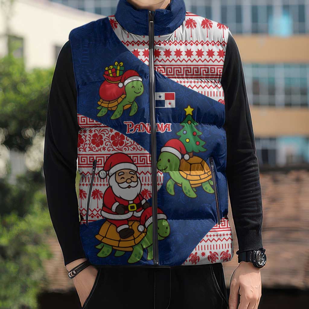 Panama Christmas Sleeveless Puffer Jacket with Santa Claus Sea Turtles Holiday Tree and Red Blue Pattern Design - Wonder Print Shop