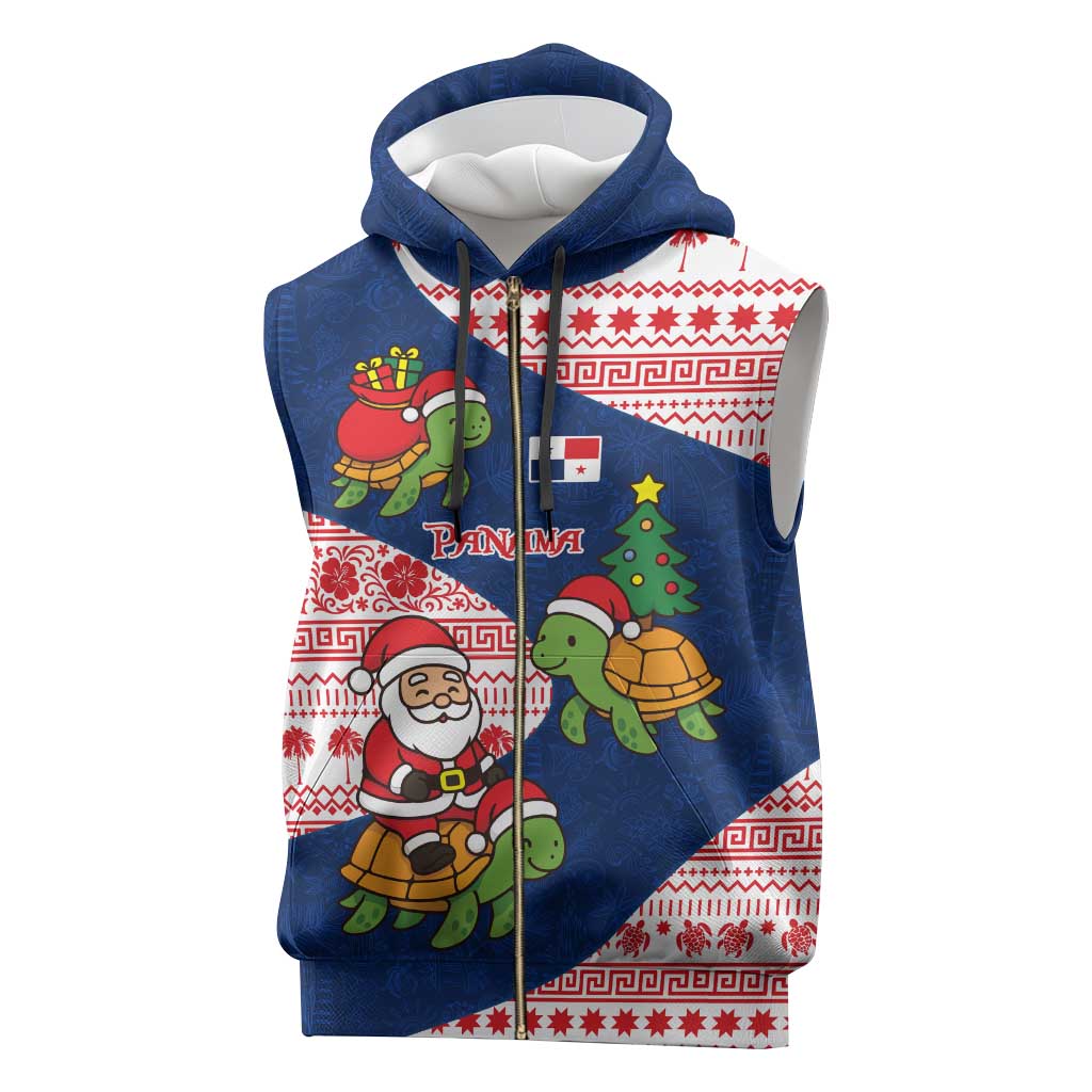 Panama Christmas Sleeveless Zip Hoodie with Santa Claus Sea Turtles Holiday Tree and Red Blue Pattern Design - Wonder Print Shop