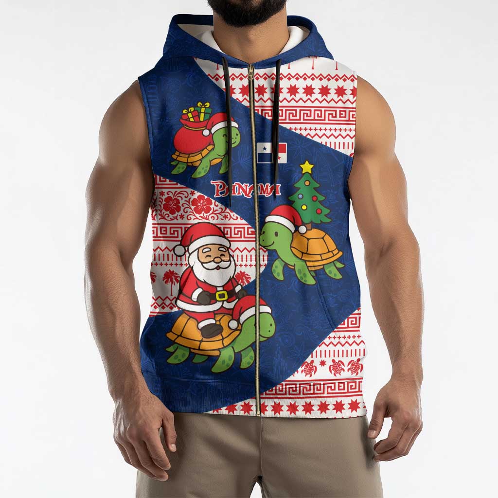 Panama Christmas Sleeveless Zip Hoodie with Santa Claus Sea Turtles Holiday Tree and Red Blue Pattern Design - Wonder Print Shop