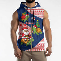 Panama Christmas Sleeveless Zip Hoodie with Santa Claus Sea Turtles Holiday Tree and Red Blue Pattern Design - Wonder Print Shop