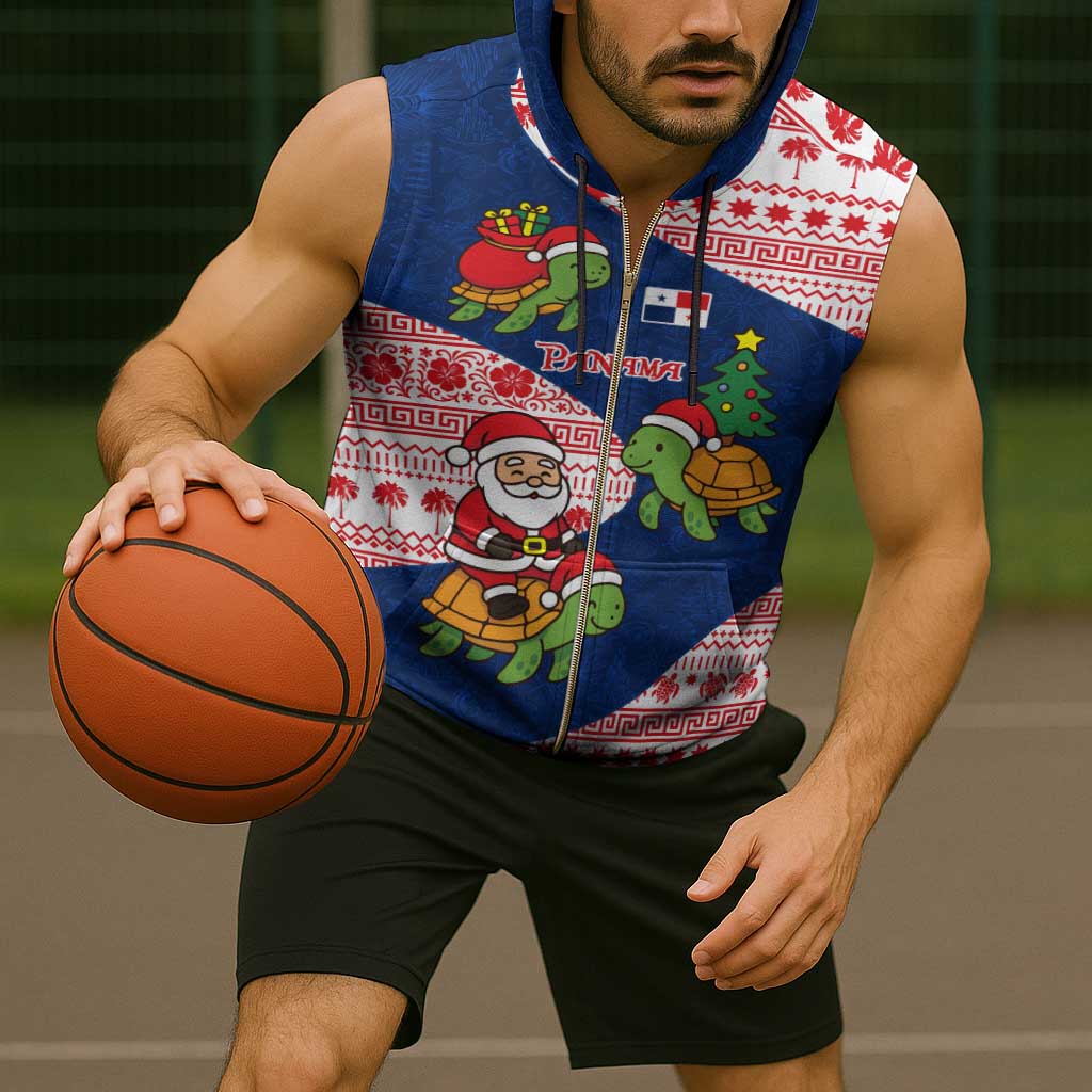 Panama Christmas Sleeveless Zip Hoodie with Santa Claus Sea Turtles Holiday Tree and Red Blue Pattern Design - Wonder Print Shop