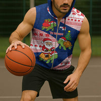 Panama Christmas Sleeveless Zip Hoodie with Santa Claus Sea Turtles Holiday Tree and Red Blue Pattern Design - Wonder Print Shop