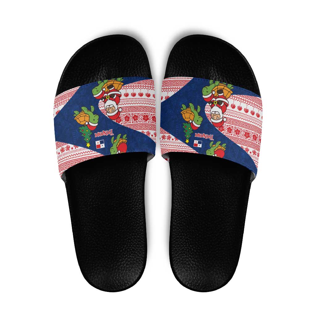 Panama Christmas Slide Sandals with Santa Claus Sea Turtles Holiday Tree and Red Blue Pattern Design - Wonder Print Shop