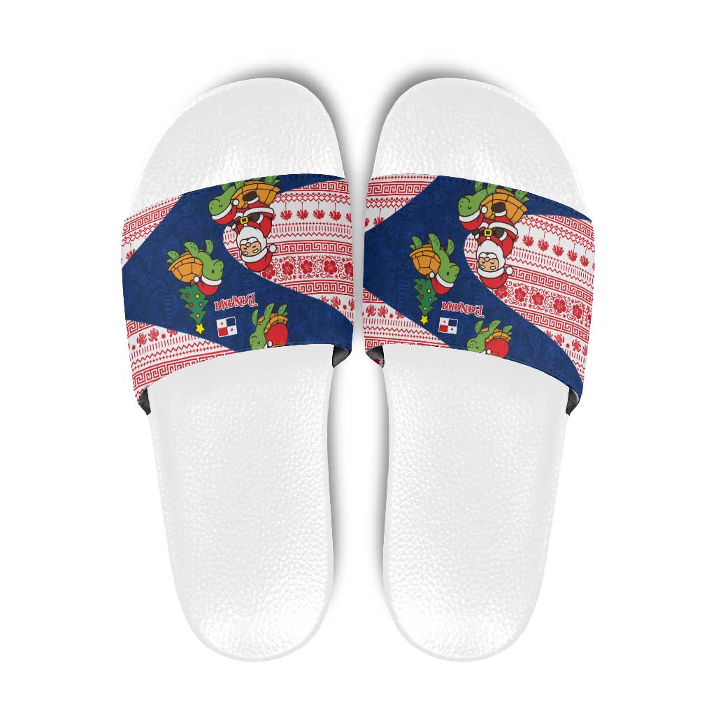 Panama Christmas Slide Sandals with Santa Claus Sea Turtles Holiday Tree and Red Blue Pattern Design - Wonder Print Shop