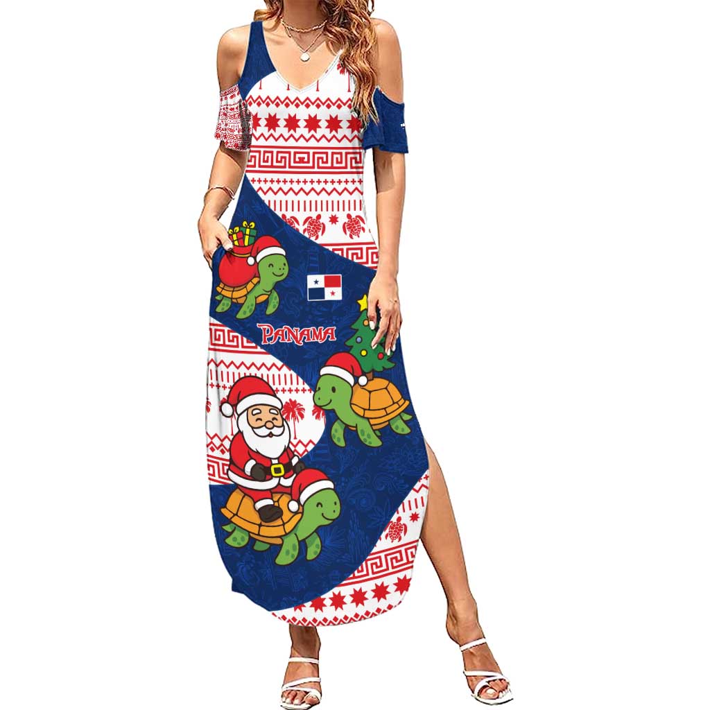 Panama Christmas Summer Maxi Dress with Santa Claus Sea Turtles Holiday Tree and Red Blue Pattern Design - Wonder Print Shop