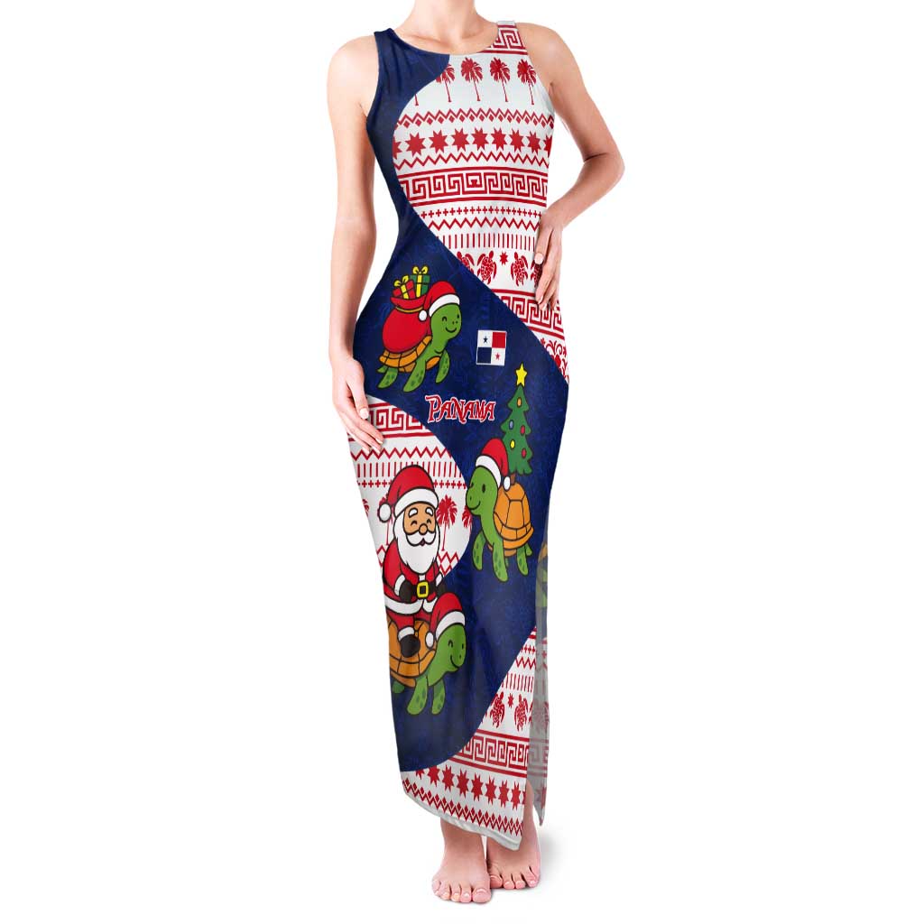 Panama Christmas Tank Maxi Dress with Santa Claus Sea Turtles Holiday Tree and Red Blue Pattern Design - Wonder Print Shop