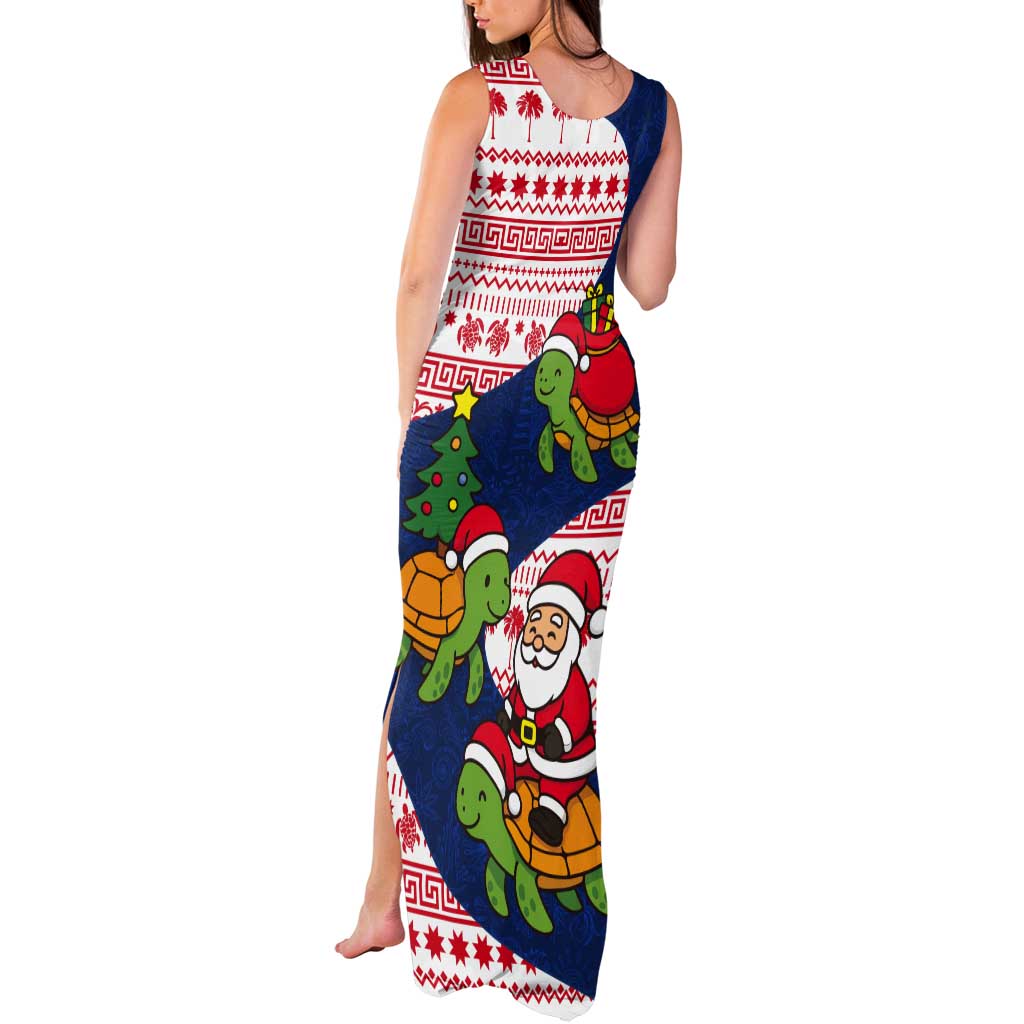 Panama Christmas Tank Maxi Dress with Santa Claus Sea Turtles Holiday Tree and Red Blue Pattern Design - Wonder Print Shop