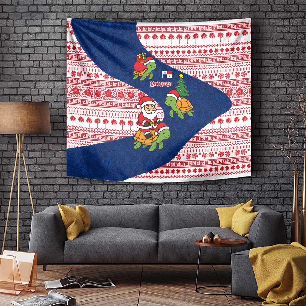 Panama Christmas Tapestry with Santa Claus Sea Turtles Holiday Tree and Red Blue Pattern Design - Wonder Print Shop