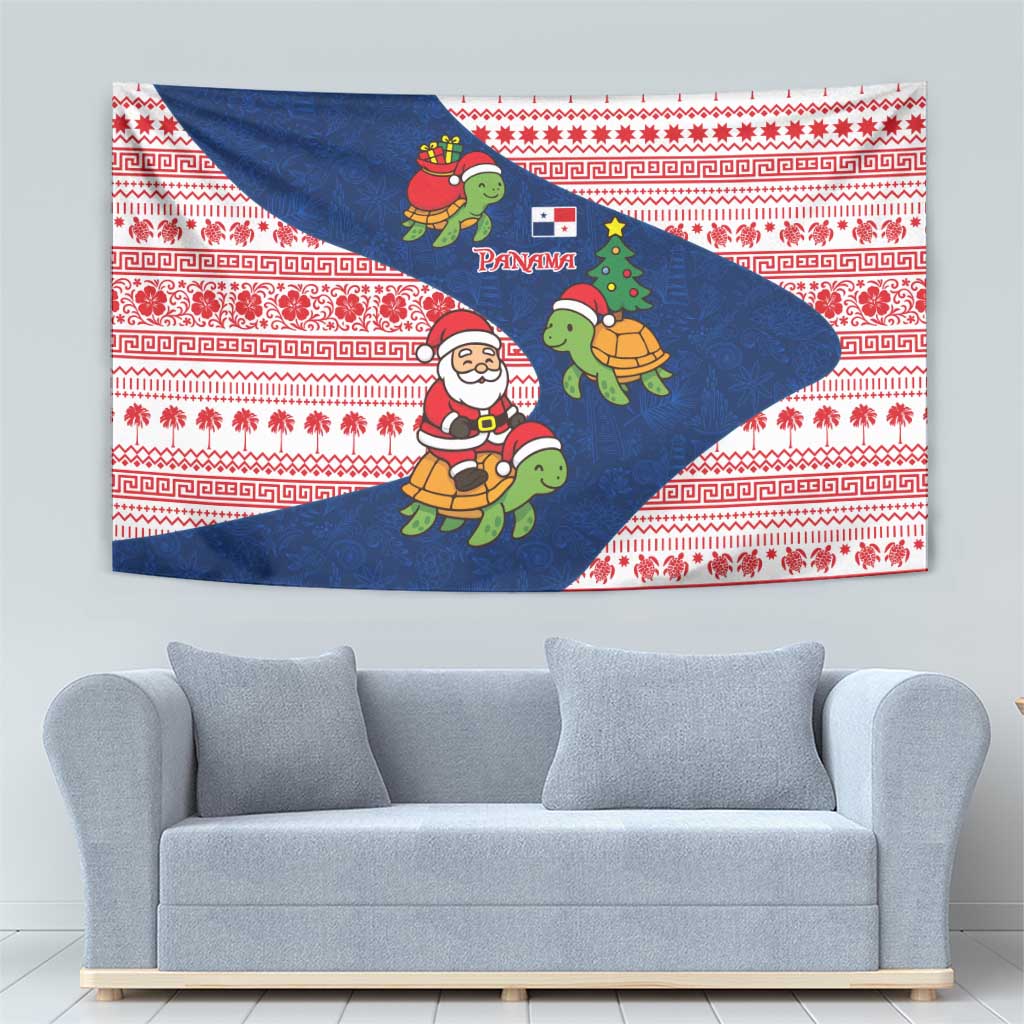 Panama Christmas Tapestry with Santa Claus Sea Turtles Holiday Tree and Red Blue Pattern Design - Wonder Print Shop