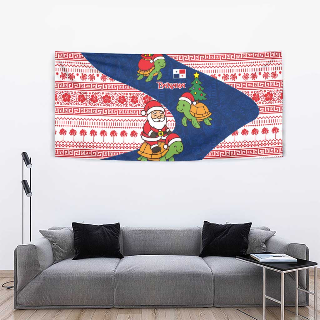 Panama Christmas Tapestry with Santa Claus Sea Turtles Holiday Tree and Red Blue Pattern Design - Wonder Print Shop