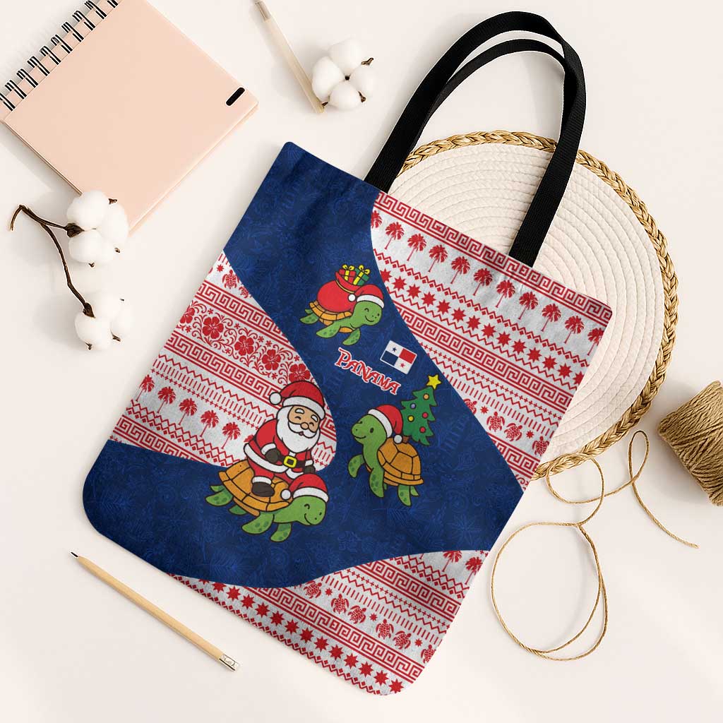 Panama Christmas Tote Bag with Santa Claus Sea Turtles Holiday Tree and Red Blue Pattern Design - Wonder Print Shop
