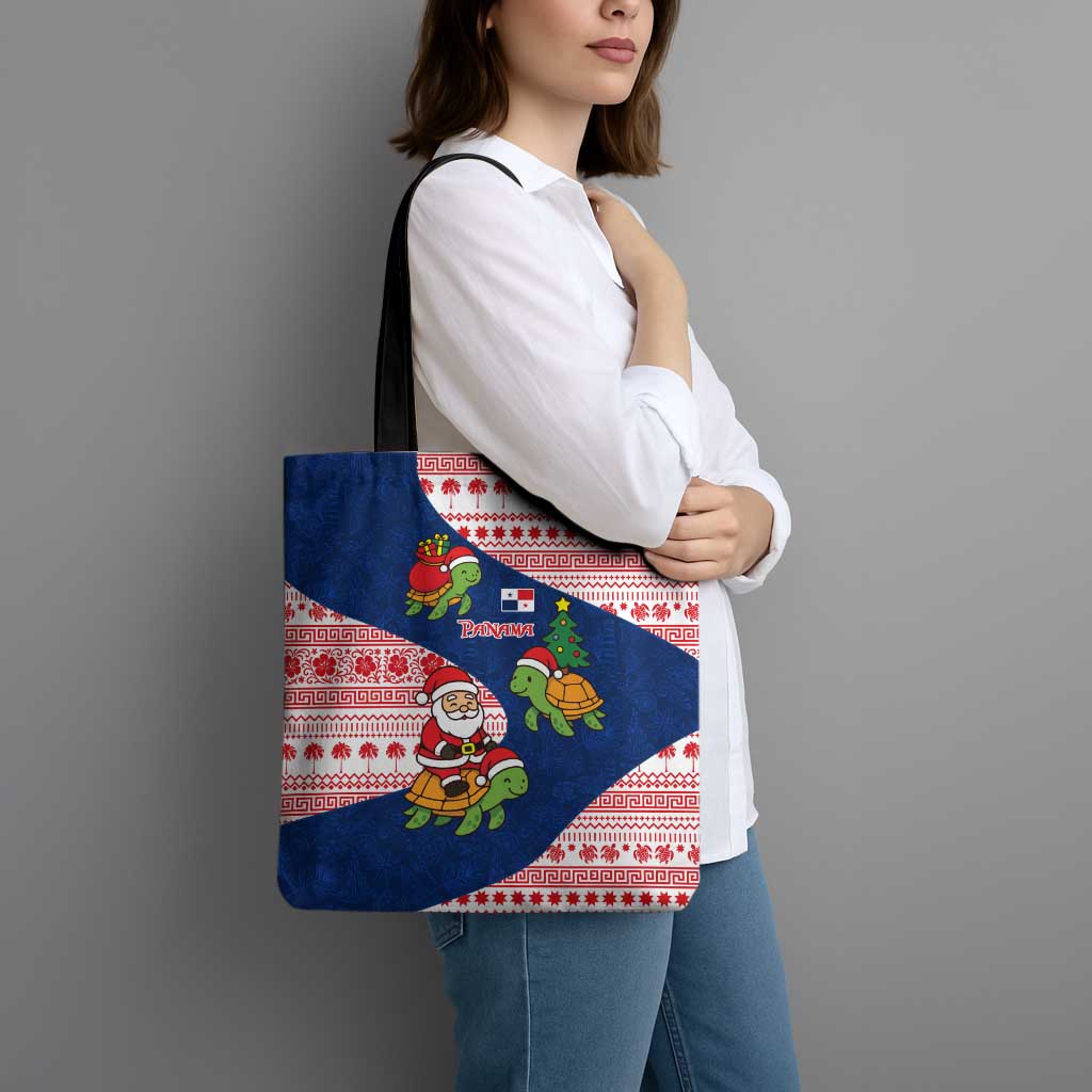 Panama Christmas Tote Bag with Santa Claus Sea Turtles Holiday Tree and Red Blue Pattern Design - Wonder Print Shop
