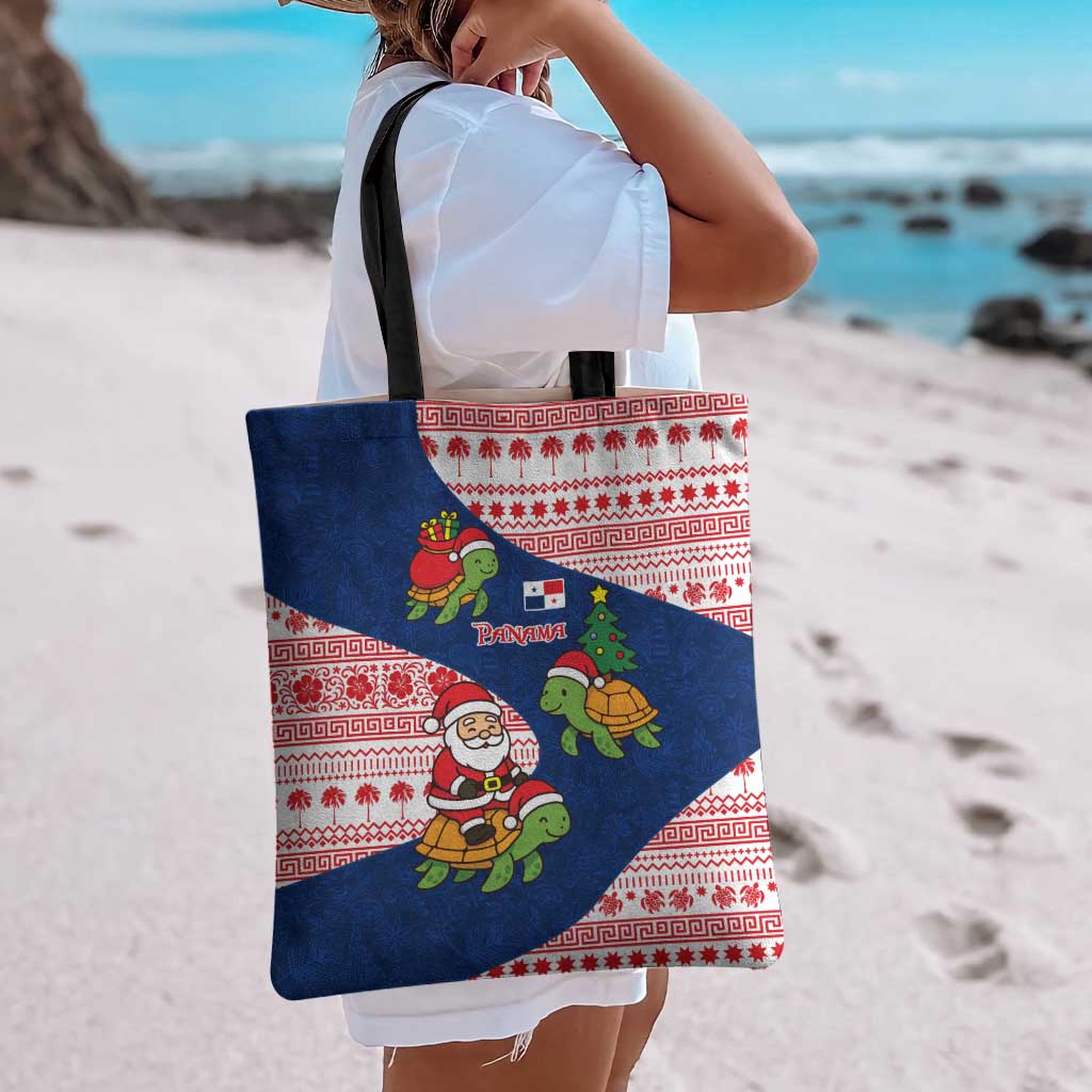 Panama Christmas Tote Bag with Santa Claus Sea Turtles Holiday Tree and Red Blue Pattern Design - Wonder Print Shop