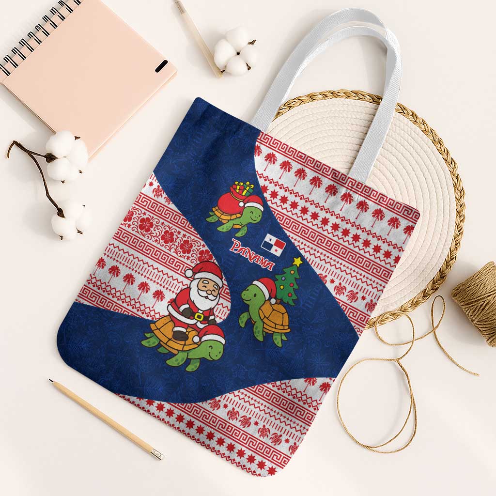 Panama Christmas Tote Bag with Santa Claus Sea Turtles Holiday Tree and Red Blue Pattern Design - Wonder Print Shop