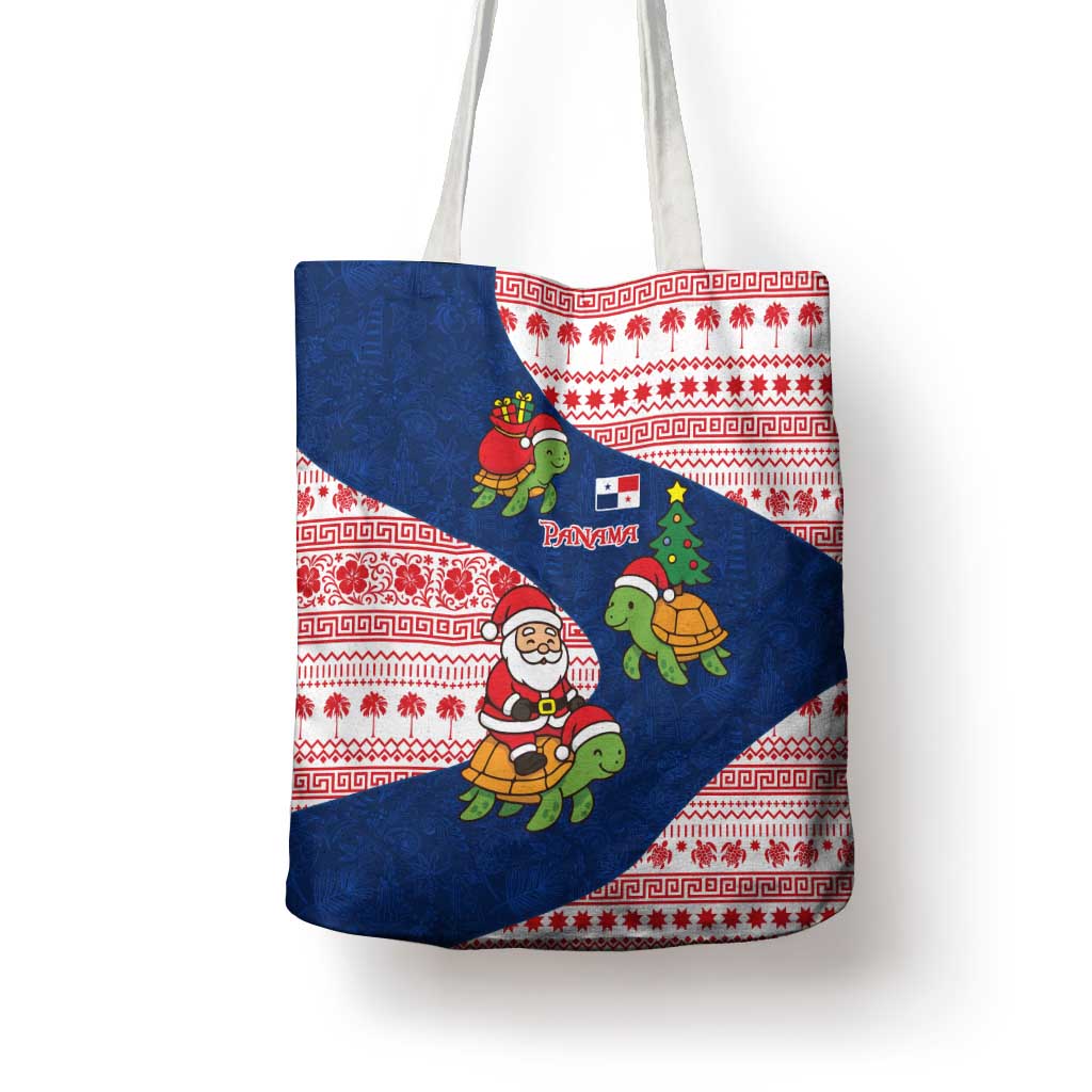Panama Christmas Tote Bag with Santa Claus Sea Turtles Holiday Tree and Red Blue Pattern Design - Wonder Print Shop