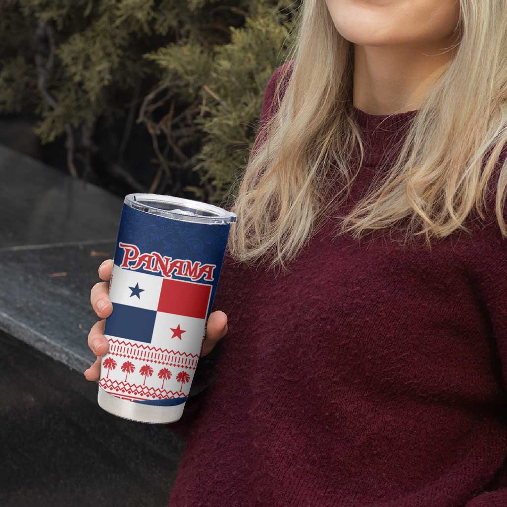 Panama Christmas Tumbler Cup with Santa Claus Sea Turtles Holiday Tree and Red Blue Pattern Design - Wonder Print Shop