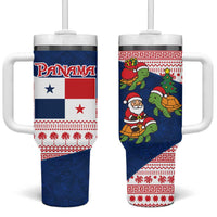 Panama Christmas Tumbler With Handle with Santa Claus Sea Turtles Holiday Tree and Red Blue Pattern Design - Wonder Print Shop