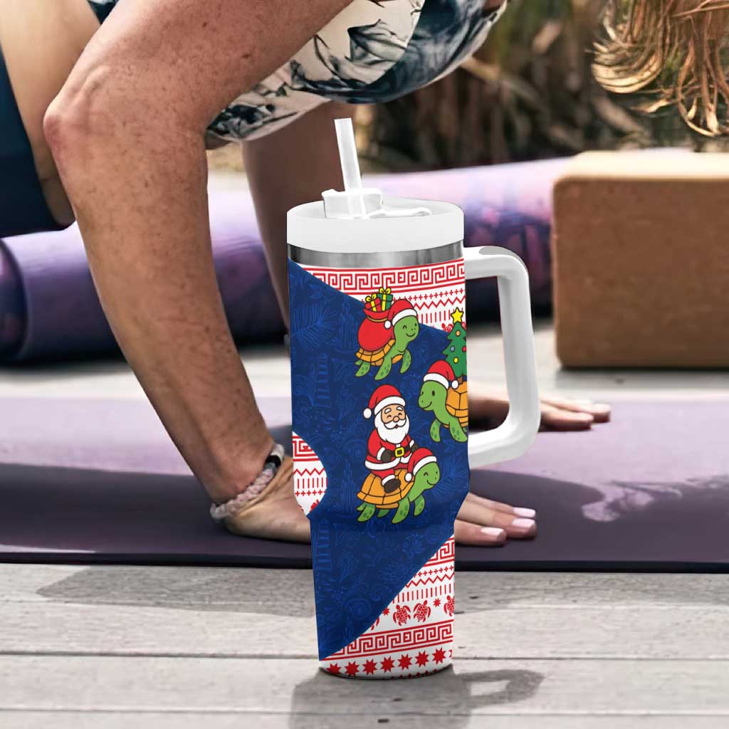 Panama Christmas Tumbler With Handle with Santa Claus Sea Turtles Holiday Tree and Red Blue Pattern Design - Wonder Print Shop